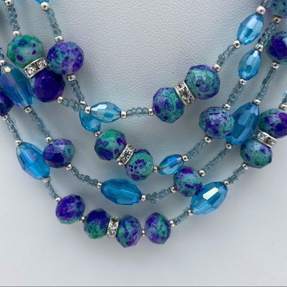 Blue Glass Multi Faceted Beaded & Seed Bead Rhinestone Multi Strand Necklace - Picture 7 of 9